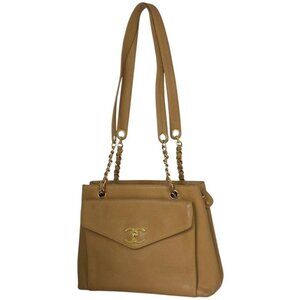 Chanel CC Logo Chain Tote Shoulder Bag Caviar Leather Beige